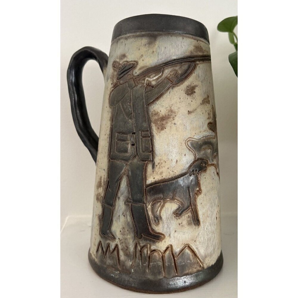 Studio Pottery Hand Thrown Stein Hunter Primitive Rustic Lodge Cabin Folk Signed